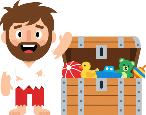 Rysunkowy Robinson Crusoe oraz skrzynia z zabawkami